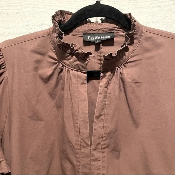 En Saison Maxi Balloon Sleeve Asymmetrical Boho Keyhole Poplin Dress in Brown L - Picture 9 of 13